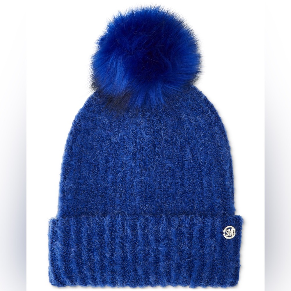 New - Steve Madden Women s Cloud Knit Faux-Fur Pom Pom Beanie in Cobalt